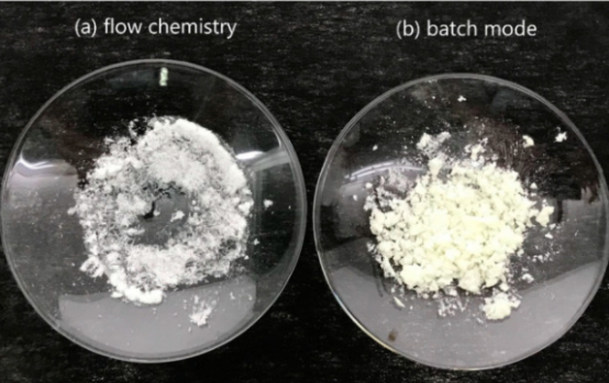 ( a ) 流動化學(xué)和 ( b ) 分批模式生產(chǎn)的 TNT 。流動化學(xué)樣品為白色，而批處理模式樣品因雜質(zhì)而呈黃色。