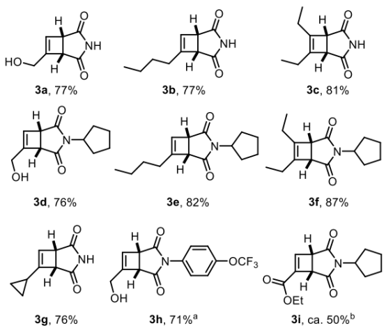 Figure 1 連續(xù)環(huán)丁烯合成的底物范圍；使用20mol%的噻噸酮； b 對(duì)二氧化硅不穩(wěn)定。
